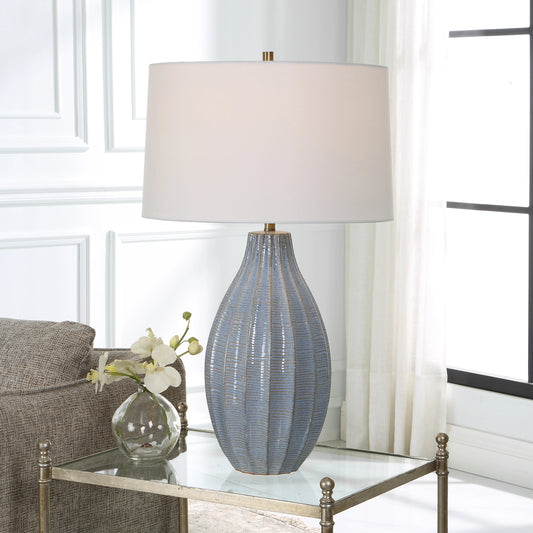 Veston Table Lamp by Uttermost in cornflower blue. Made from steel, ceramic in a modern style.