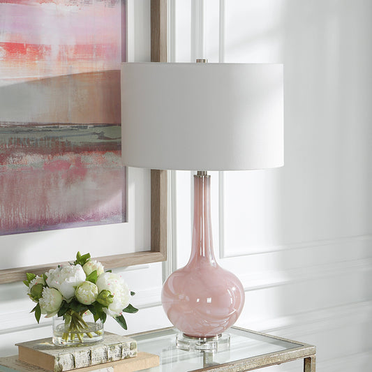 Rosa Table Lamp by Uttermost in blush pink. Made from glass, iron, fabric in a modern style.