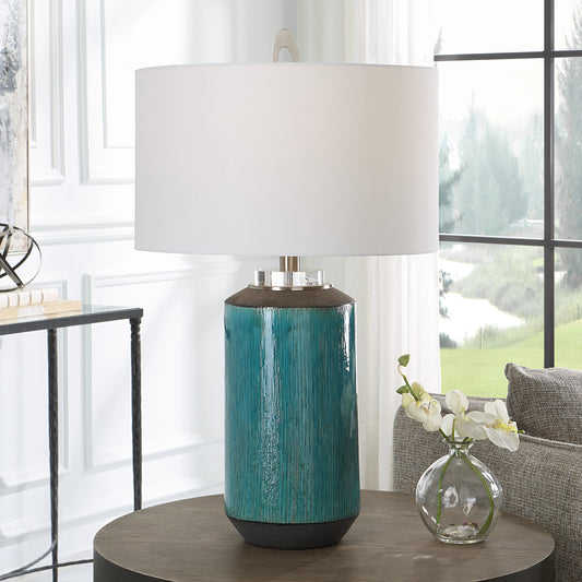 Maui Table Lamp by Uttermost in aqua blue. Made from ceramic, iron, fabric in a modern style.