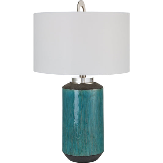 Maui Table Lamp by Uttermost in aqua blue. Made from ceramic, iron, fabric in a modern style.