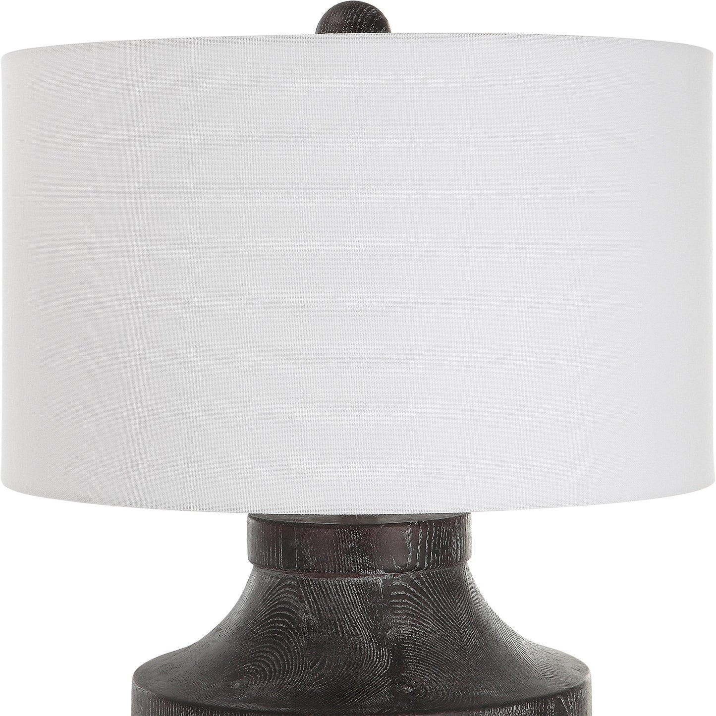 006 SI-1981401 | Closeup | Timber Table Lamp by Uttermost in black. Made from resin, iron, fabric in a modern style.