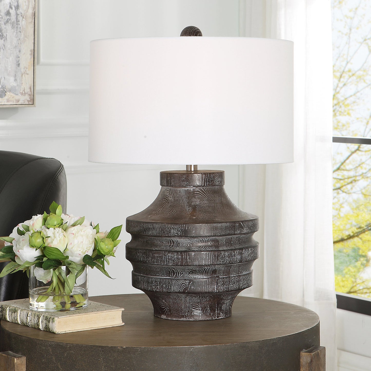 003 SI-1981401 | Lifestyle | Timber Table Lamp by Uttermost in black. Made from resin, iron, fabric in a modern style.