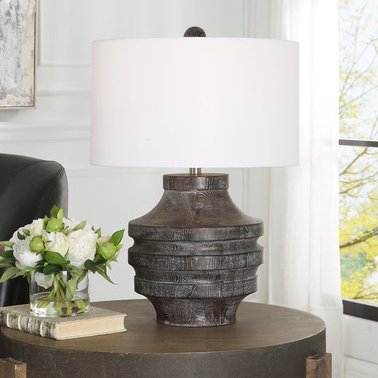 Timber Table Lamp by Uttermost in black. Made from resin, iron, fabric in a modern style.