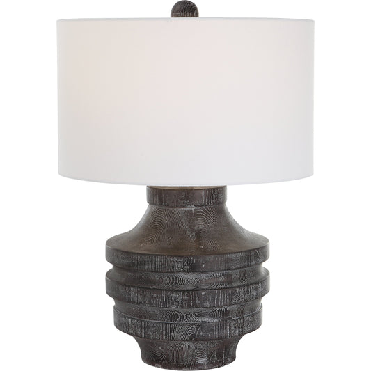 Timber Table Lamp by Uttermost in black. Made from resin, iron, fabric in a modern style.
