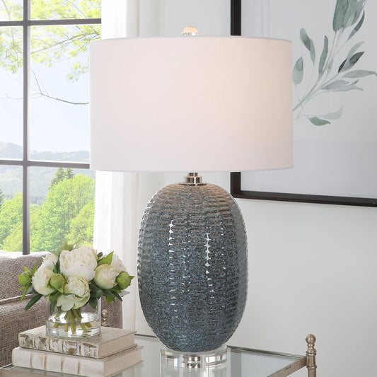 Caralina Table Lamp by Uttermost in mottled blue-green. Made from ceramic, crystal, iron, fabric in a modern style.