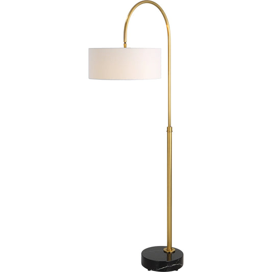 Huxford Floor Lamp by Uttermost in antique brushed brass. Made from iron, marble, fabric in a modern style.