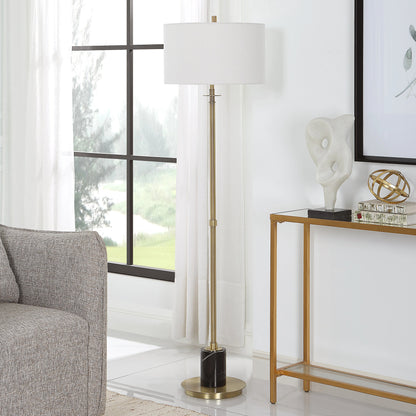 Guard Floor Lamp by Uttermost in brass. Made from iron, marble, fabric in a modern style.