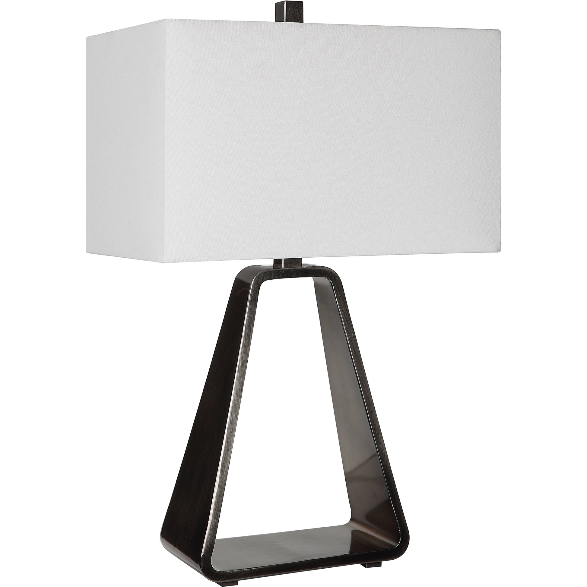 Halo Table Lamp by Uttermost in antique nickel. Made from steel, fabric in a modern style.