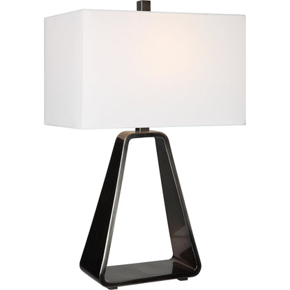 Halo Table Lamp by Uttermost in antique nickel. Made from steel, fabric in a modern style.
