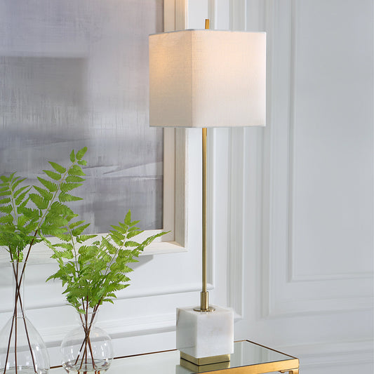 Escort Buffet Lamp by Uttermost. Made from metal, marble, fabric in a modern style.
