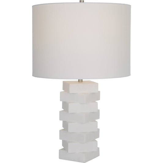 Ascent Geometric Table Lamp by Uttermost in ivory, nickel. Made from rice stone, iron, linen in a modern style.