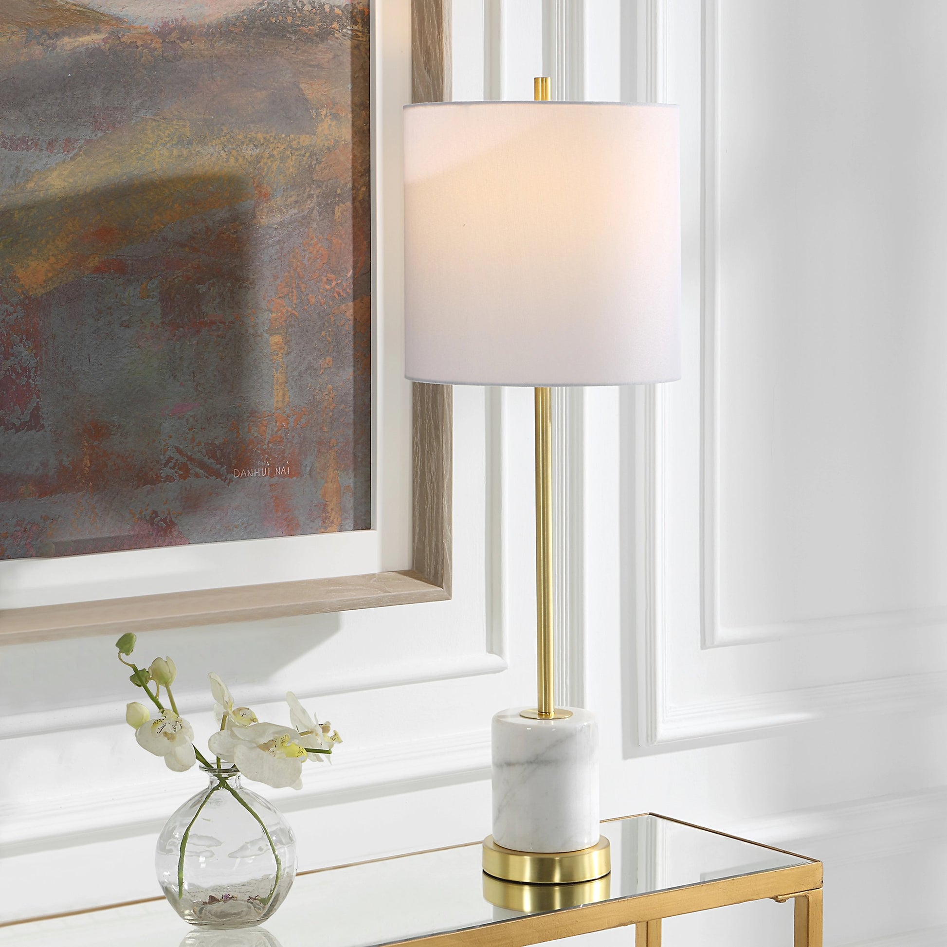 Turret Buffet Lamp by Uttermost in brushed gold. Made from marble, metal, fabric in a modern style.