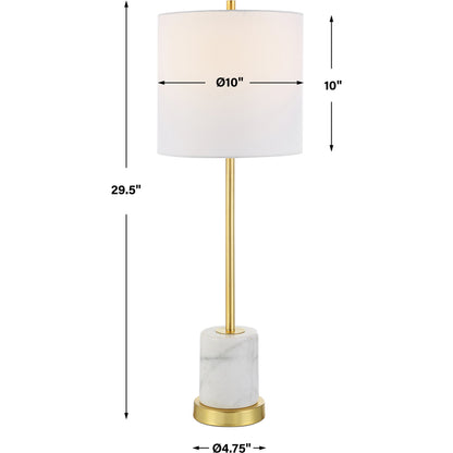 Turret Buffet Lamp by Uttermost in brushed gold. Made from marble, metal, fabric in a modern style.