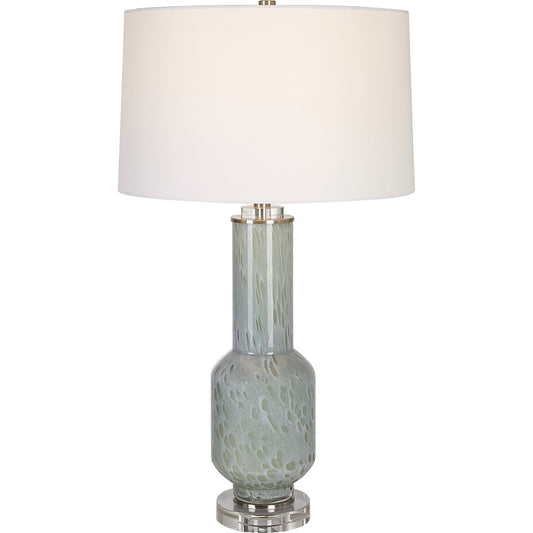 Imperia Table Lamp by Uttermost in aqua gray. Made from crystal, glass, iron, fabric in a modern style.