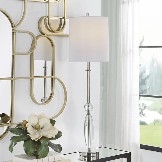 Sceptre Buffet Lamp by Uttermost in polished nickel. Made from iron, crystal, fabric in a modern style.
