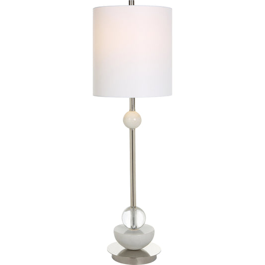 Exposition Buffet Lamp by Uttermost in white, nickel. Made from iron, marble, crystal, fabric in a modern style.