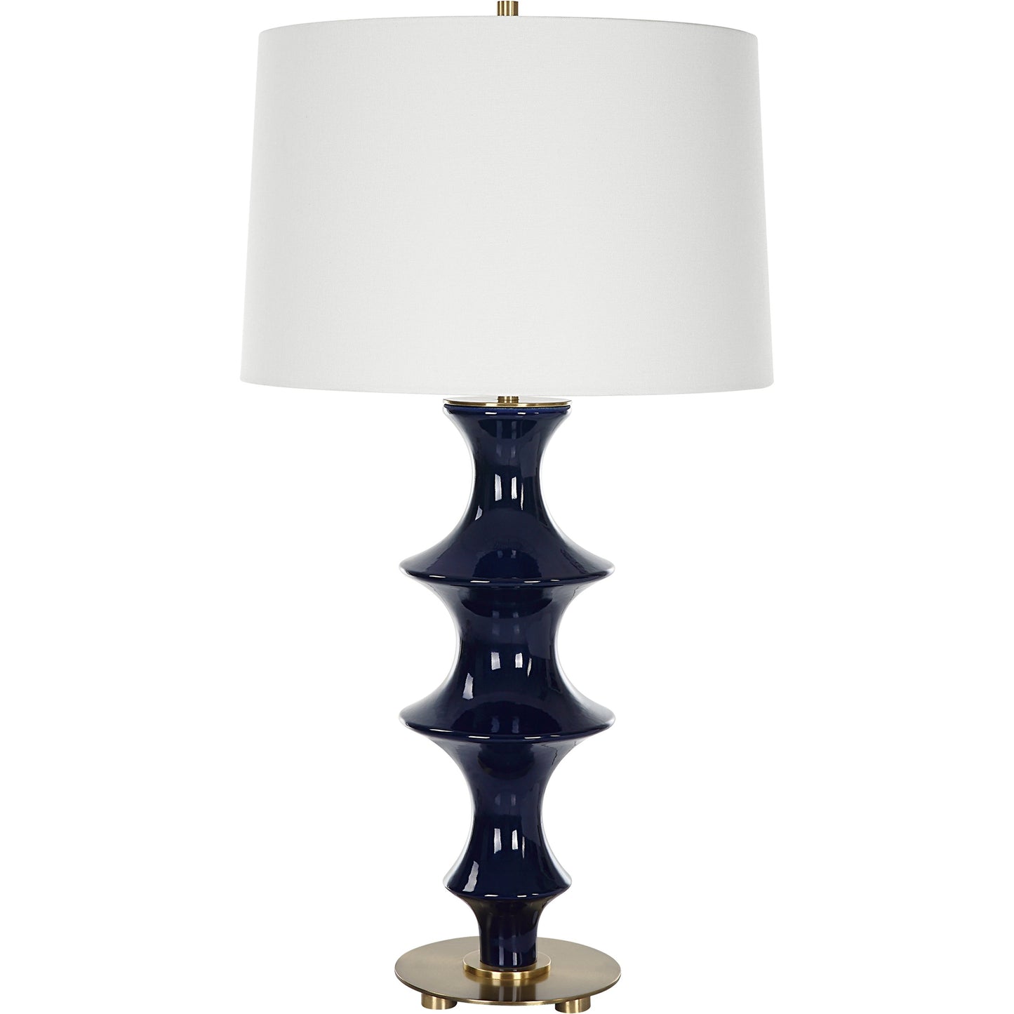 002 SI-1981442 | Closeup | Coil Sculpted Table Lamp by Uttermost in cobalt. Made from ceramic, iron, fabric in a modern style.