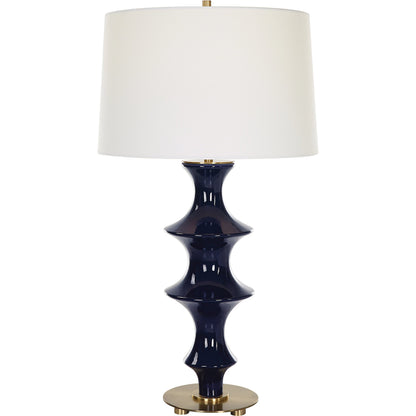 Coil Sculpted Table Lamp by Uttermost in cobalt. Made from ceramic, iron, fabric in a modern style.