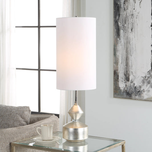 Vial Buffet Lamp by Uttermost in silver leaf. Made from polyresin, iron, fabric in a modern style.