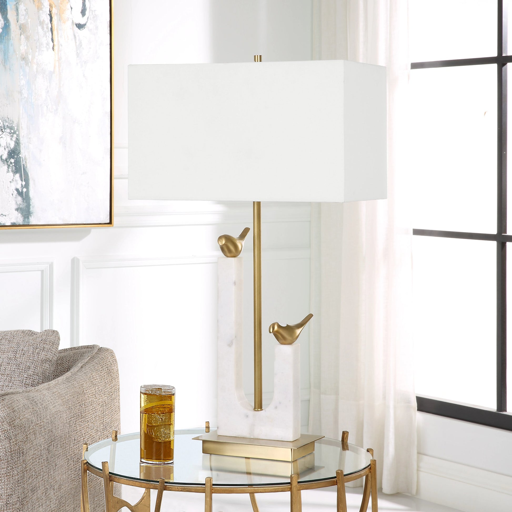 Songbirds Table Lamp by Uttermost in white, brushed brass. Made from marble, iron, brass, fabric in a modern style.