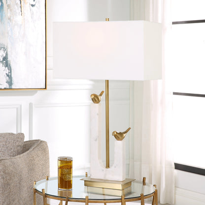 Songbirds Table Lamp by Uttermost in white, brushed brass. Made from marble, iron, brass, fabric in a modern style.