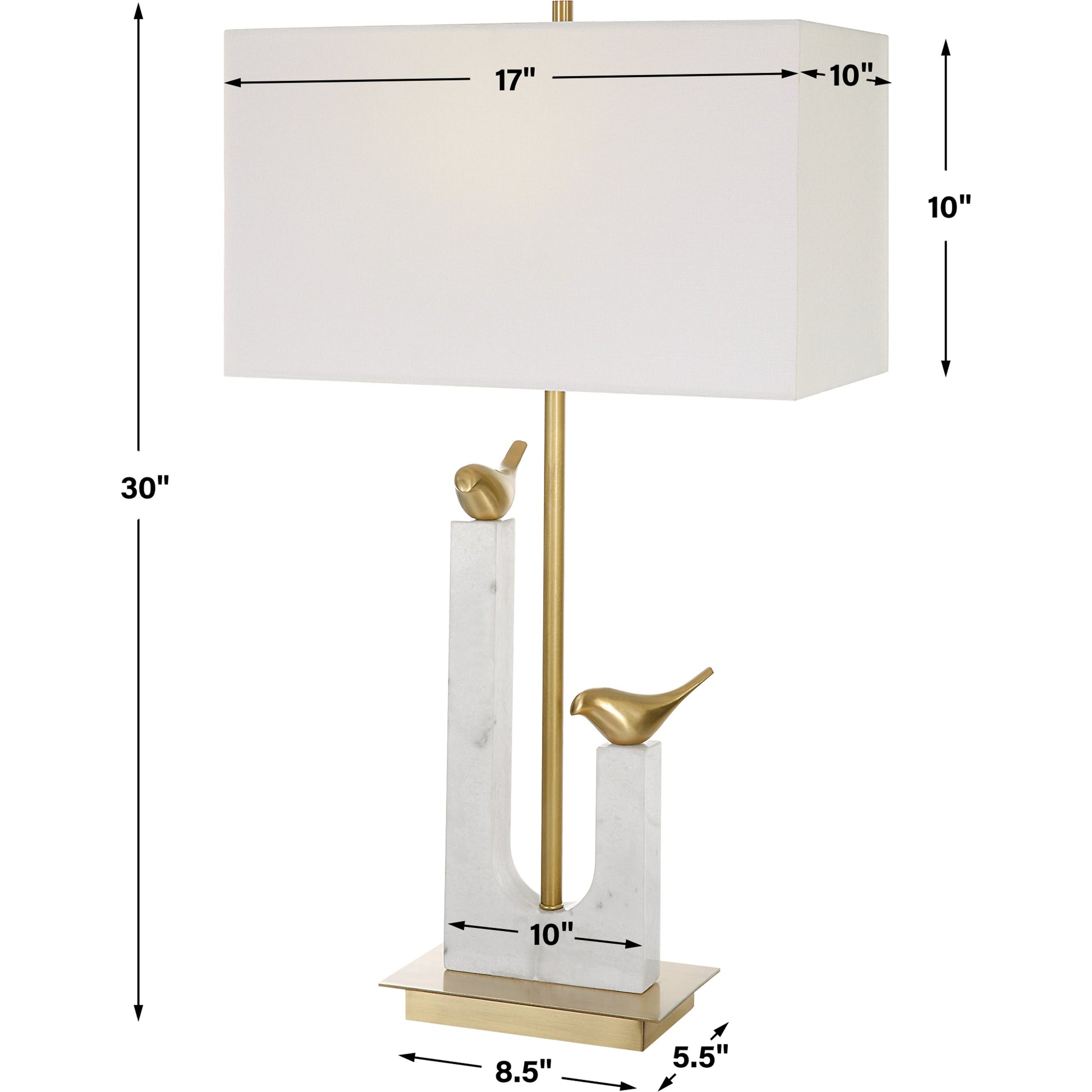Songbirds Table Lamp by Uttermost in white, brushed brass. Made from marble, iron, brass, fabric in a modern style.