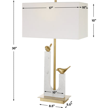 Songbirds Table Lamp by Uttermost in white, brushed brass. Made from marble, iron, brass, fabric in a modern style.