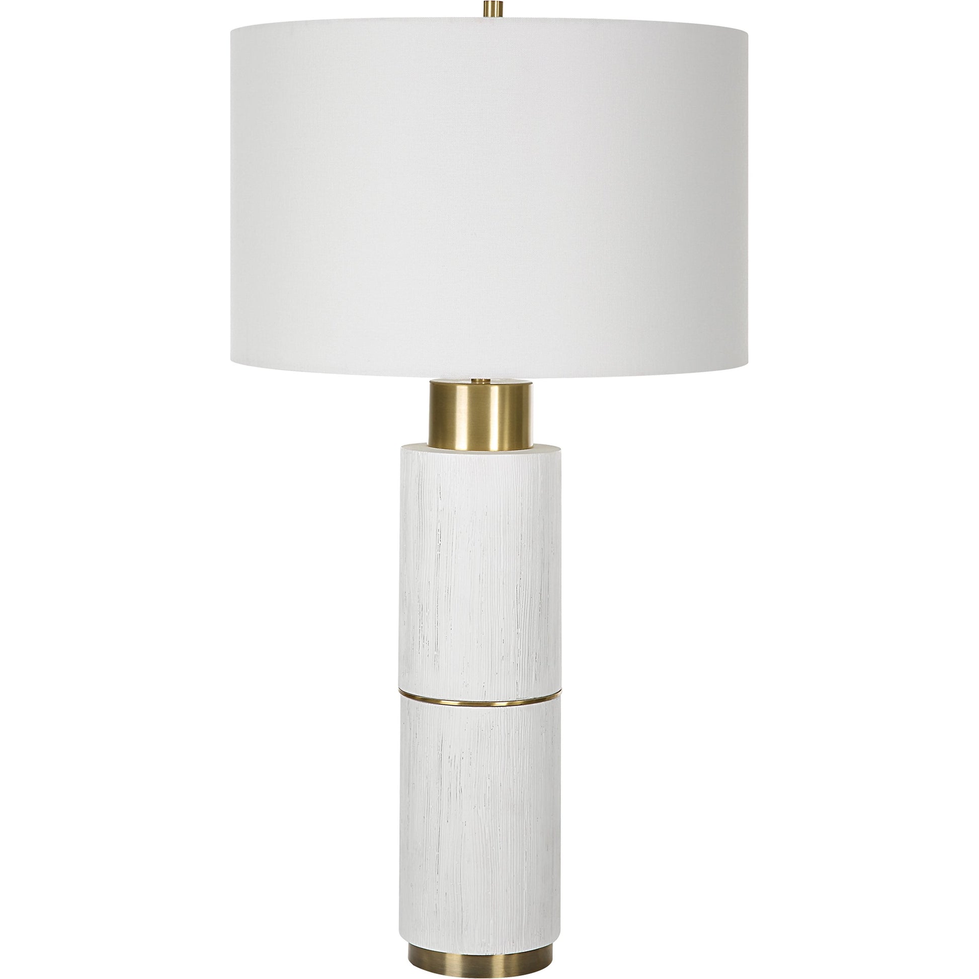 Ruse Table Lamp by Uttermost in whitewash, brushed brass. Made from resin, iron, fabric in a modern style.