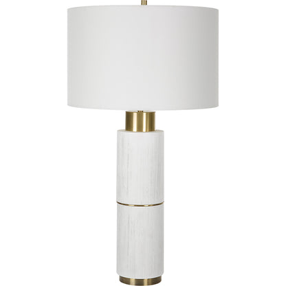 Ruse Table Lamp by Uttermost in whitewash, brushed brass. Made from resin, iron, fabric in a modern style.