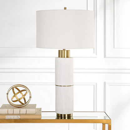 Ruse Table Lamp by Uttermost in whitewash, brushed brass. Made from resin, iron, fabric in a modern style.