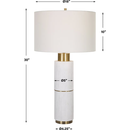 Ruse Table Lamp by Uttermost in whitewash, brushed brass. Made from resin, iron, fabric in a modern style.