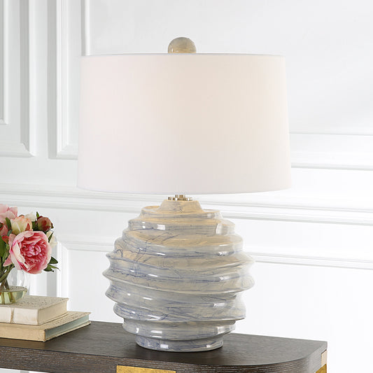 Waves Accent Lamp by Uttermost in blue. Made from ceramic, iron, fabric in a modern style.