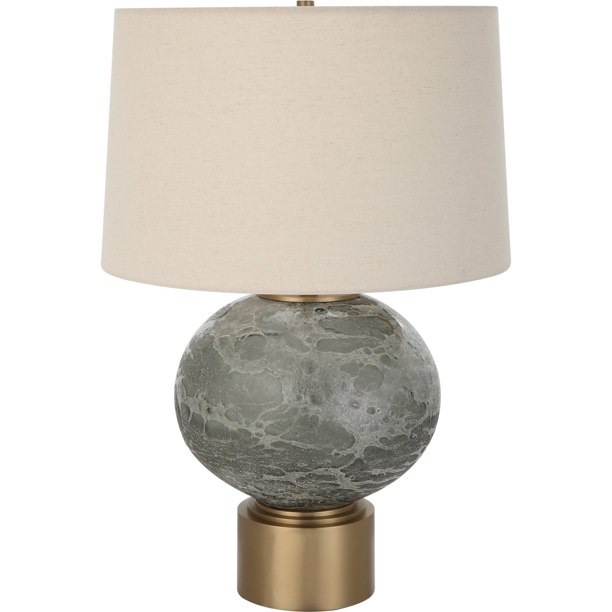 Lunia Table Lamp by Uttermost in smoky gray. Made from iron, glass, linen in a modern style.