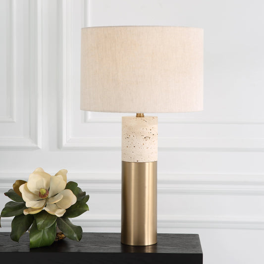 Gravitas Table Lamp by Uttermost in ivory, brass. Made from iron,travertine, linen in a modern style.