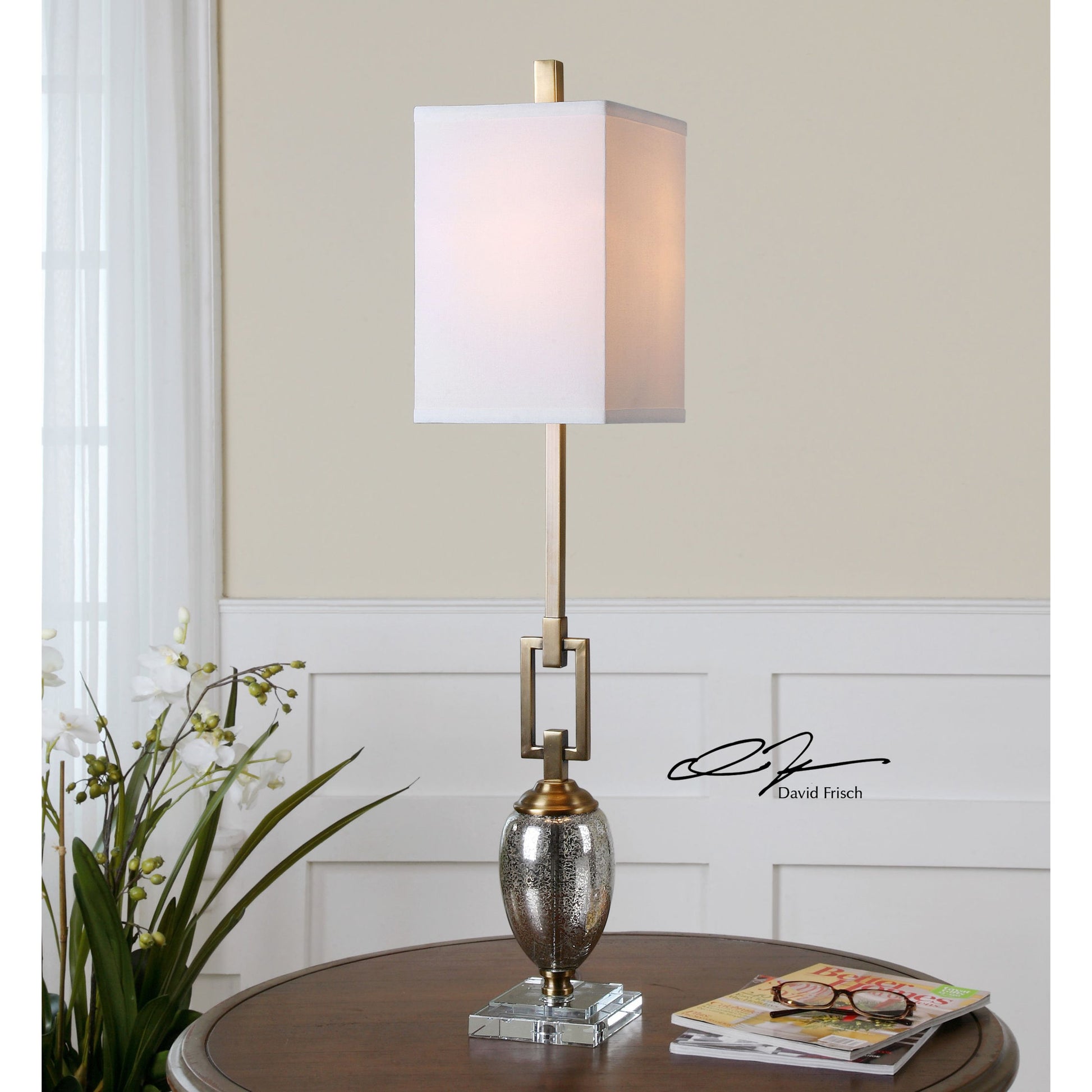Copeland Mercury Glass Buffet Lamp by Uttermost. Made from metal, crystal, glass in a modern style.