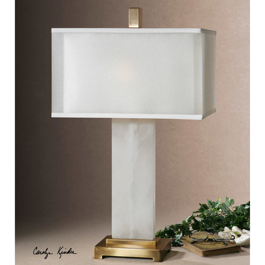 Athanas Alabaster Lamp by Uttermost. Made from metal, alabaster, fabric in a modern style.