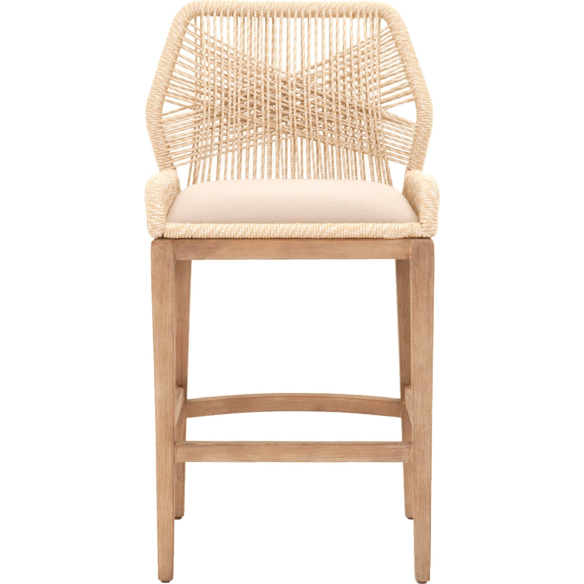 Loom Barstool by Essentials For Living in taupe, white flat rope, natural gray mahogany, pumice fabric. Made from solid mahogany, 100% olefin rope, 100% olefin fabric in a coastal style.