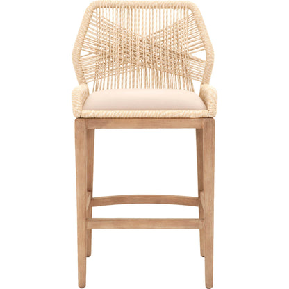 Loom Barstool by Essentials For Living in taupe, white flat rope, natural gray mahogany, pumice fabric. Made from solid mahogany, 100% olefin rope, 100% olefin fabric in a coastal style.