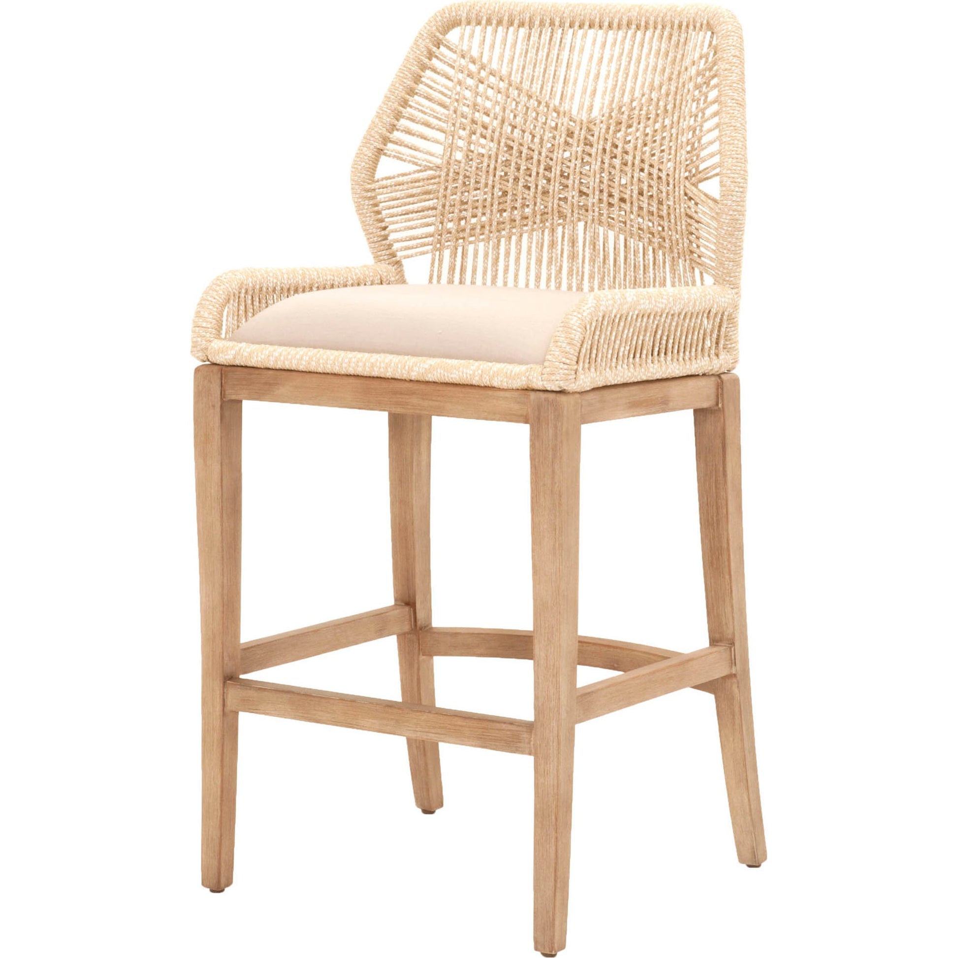 Loom Barstool by Essentials For Living in taupe, white flat rope, natural gray mahogany, pumice fabric. Made from solid mahogany, 100% olefin rope, 100% olefin fabric in a coastal style.