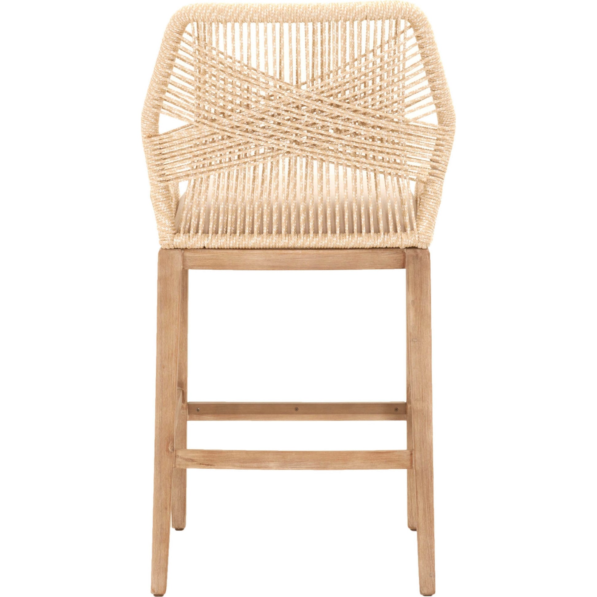 Loom Barstool by Essentials For Living in taupe, white flat rope, natural gray mahogany, pumice fabric. Made from solid mahogany, 100% olefin rope, 100% olefin fabric in a coastal style.