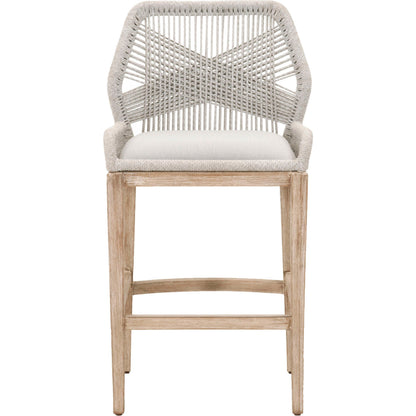 Loom Barstool by Essentials For Living in taupe, white flat rope, natural gray mahogany, pumice fabric. Made from solid mahogany, 100% olefin rope, 100% olefin fabric in a coastal style.