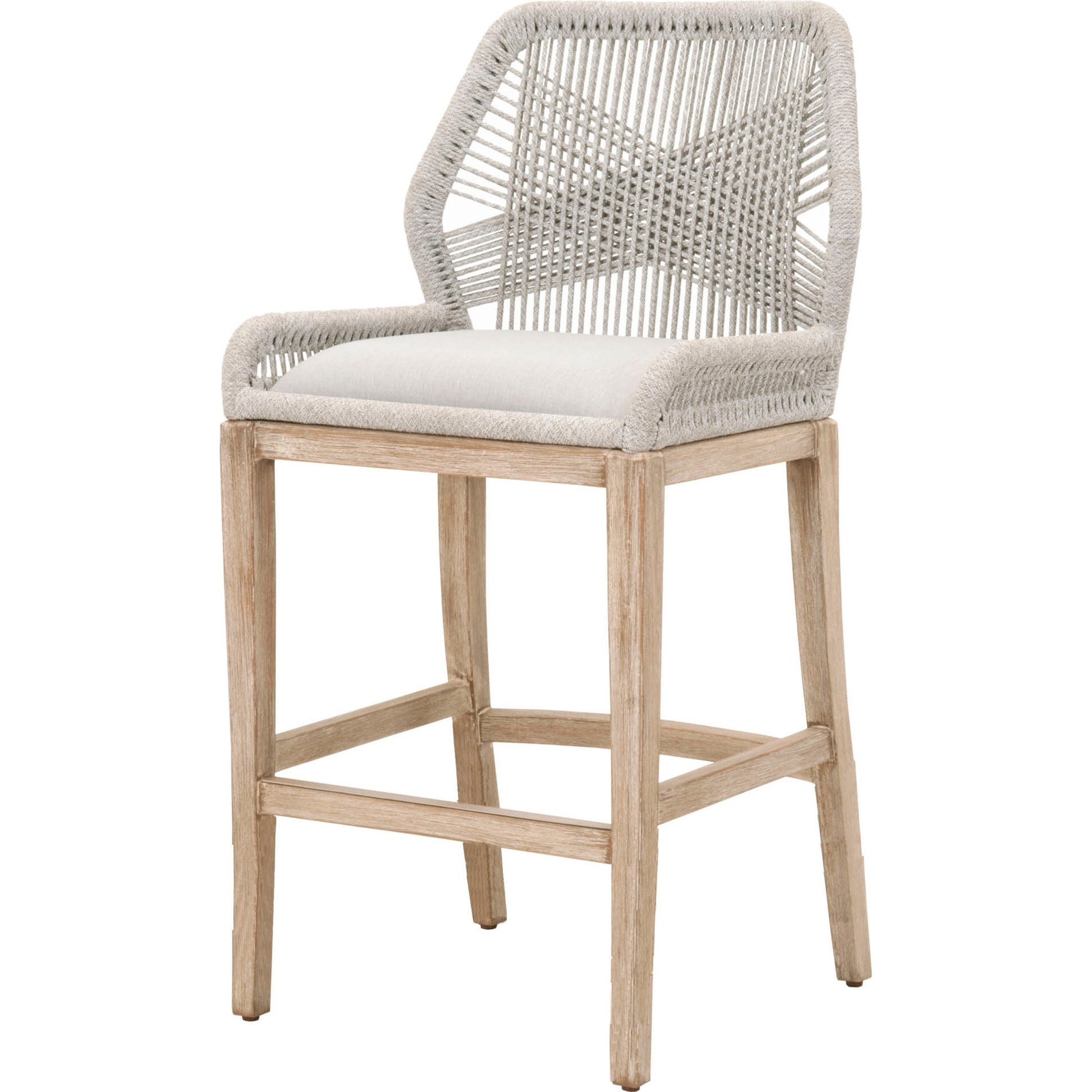 Loom Barstool by Essentials For Living in taupe, white flat rope, natural gray mahogany, pumice fabric. Made from solid mahogany, 100% olefin rope, 100% olefin fabric in a coastal style.