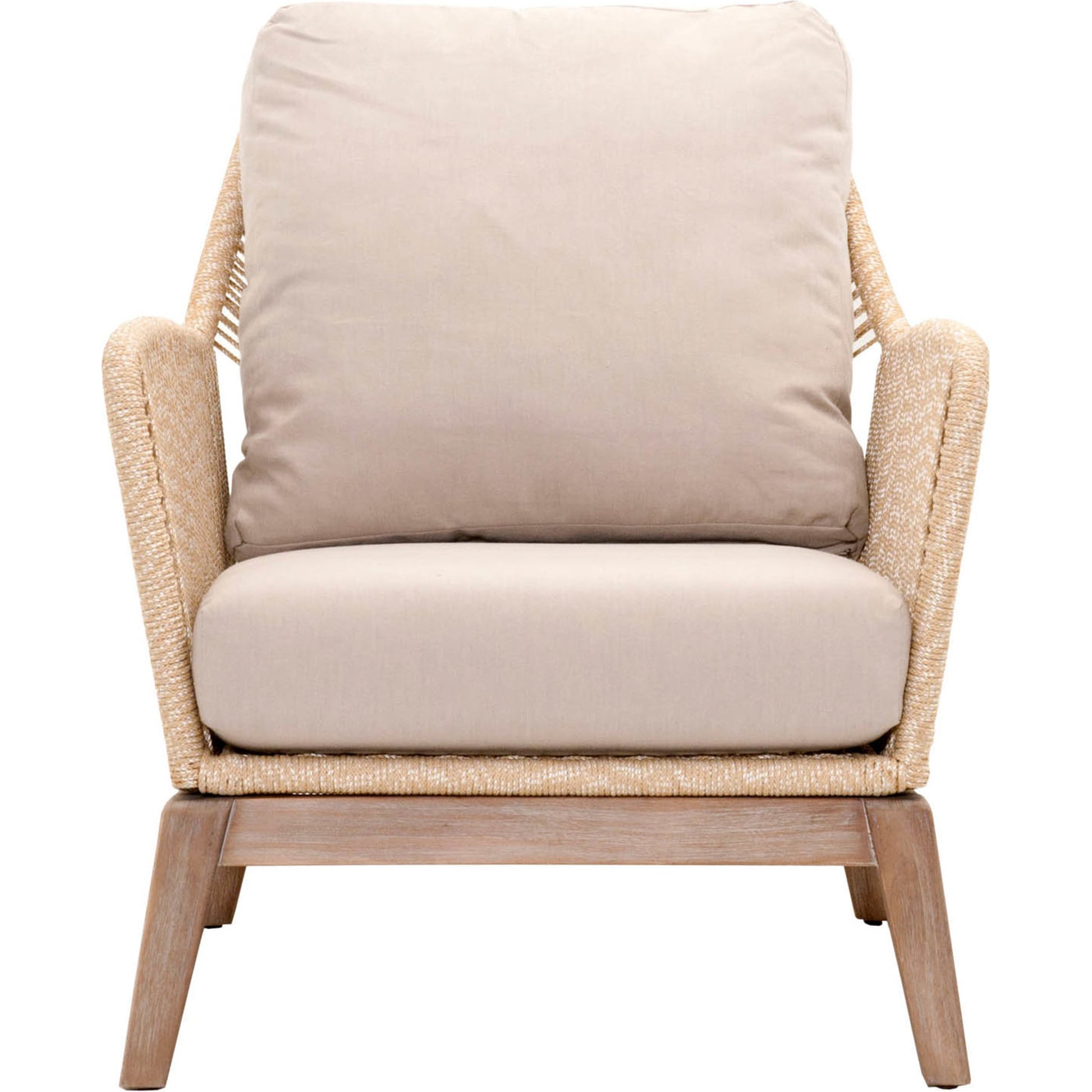 Loom Club Chair by Essentials For Living in gray teak, taupe, white flat rope, performance pumice. Made from solid teak wood, aluminum, 100% polyolefin rope, 100% olefin fabric, foam in a coastal style.