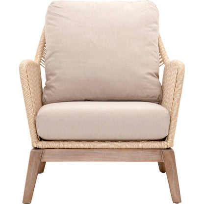 Loom Club Chair by Essentials For Living in gray teak, taupe, white flat rope, performance pumice. Made from solid teak wood, aluminum, 100% polyolefin rope, 100% olefin fabric, foam in a coastal style.