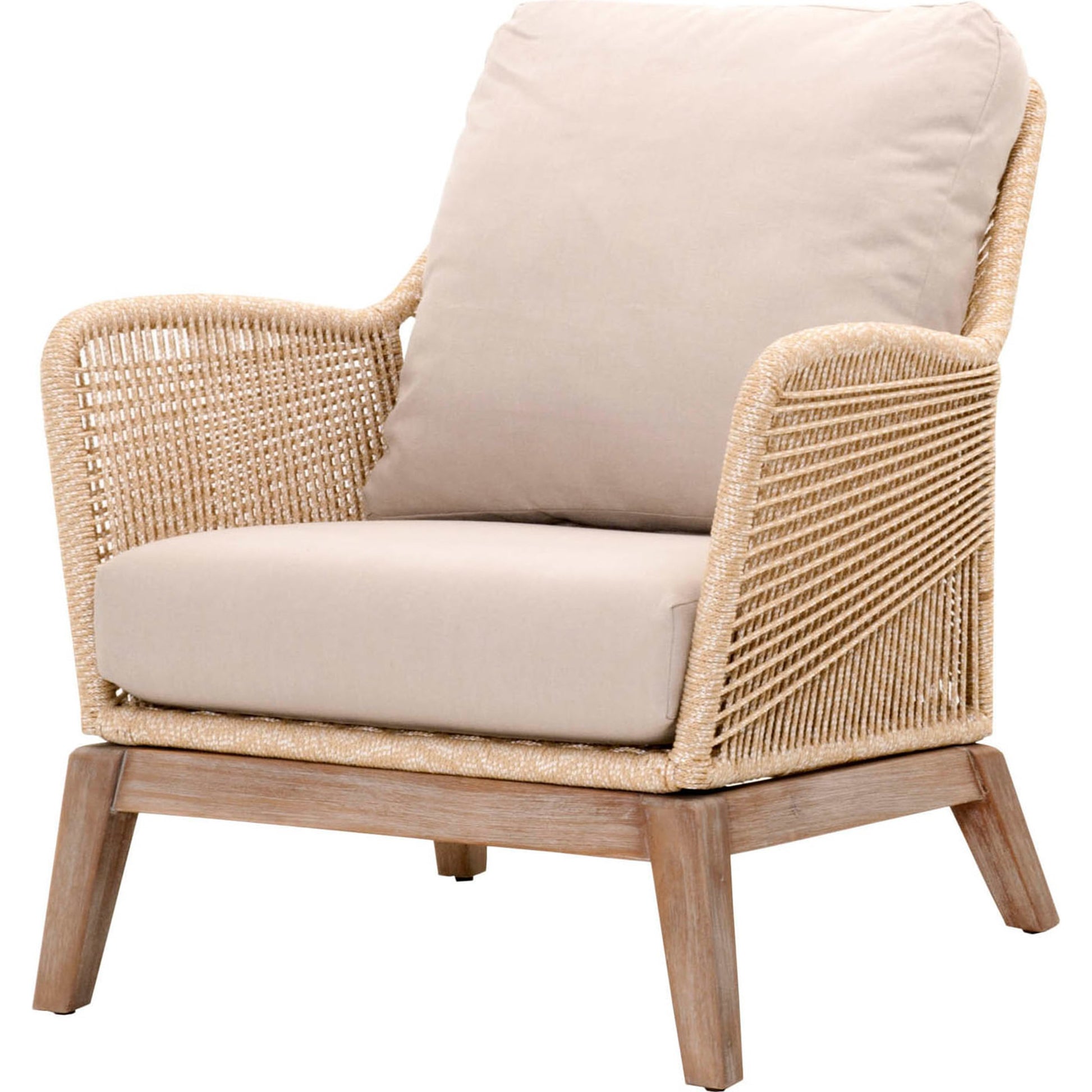 Loom Club Chair by Essentials For Living in gray teak, taupe, white flat rope, performance pumice. Made from solid teak wood, aluminum, 100% polyolefin rope, 100% olefin fabric, foam in a coastal style.