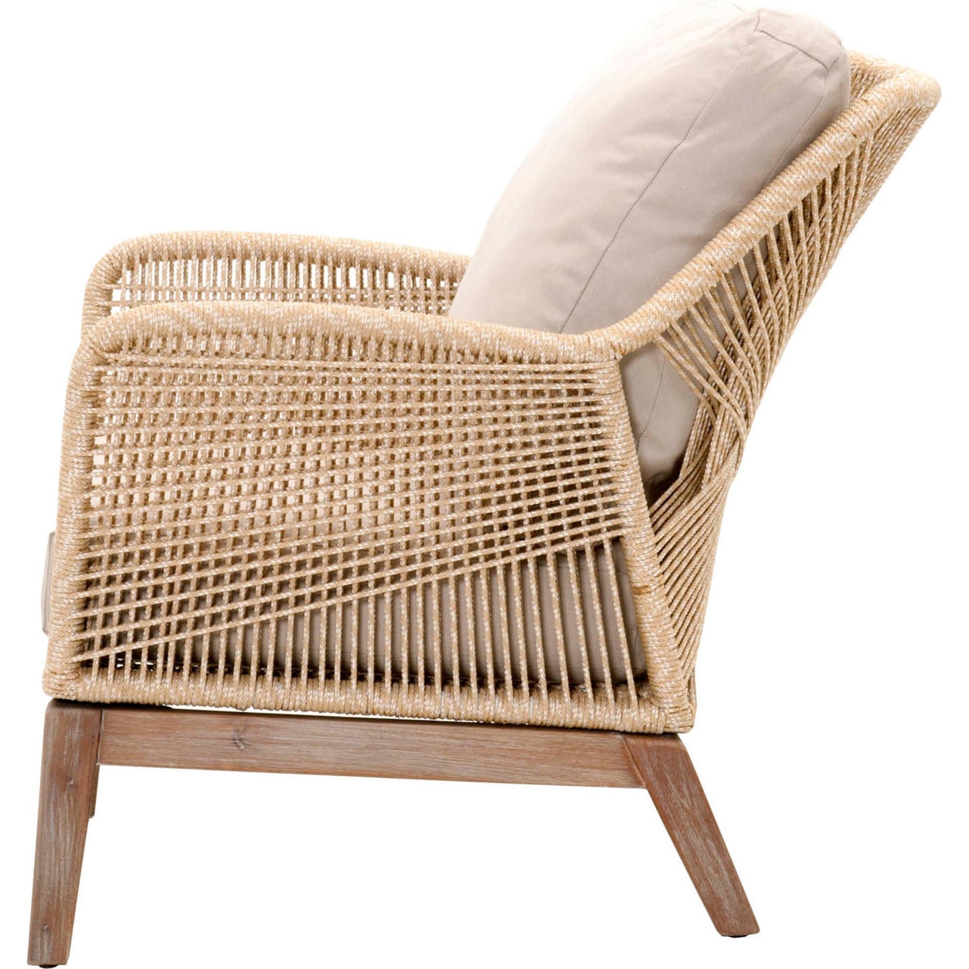 Loom Club Chair by Essentials For Living in gray teak, taupe, white flat rope, performance pumice. Made from solid teak wood, aluminum, 100% polyolefin rope, 100% olefin fabric, foam in a coastal style.