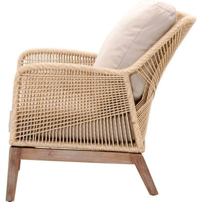 Loom Club Chair by Essentials For Living in gray teak, taupe, white flat rope, performance pumice. Made from solid teak wood, aluminum, 100% polyolefin rope, 100% olefin fabric, foam in a coastal style.