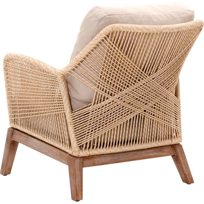 Loom Club Chair by Essentials For Living in gray teak, taupe, white flat rope, performance pumice. Made from solid teak wood, aluminum, 100% polyolefin rope, 100% olefin fabric, foam in a coastal style.