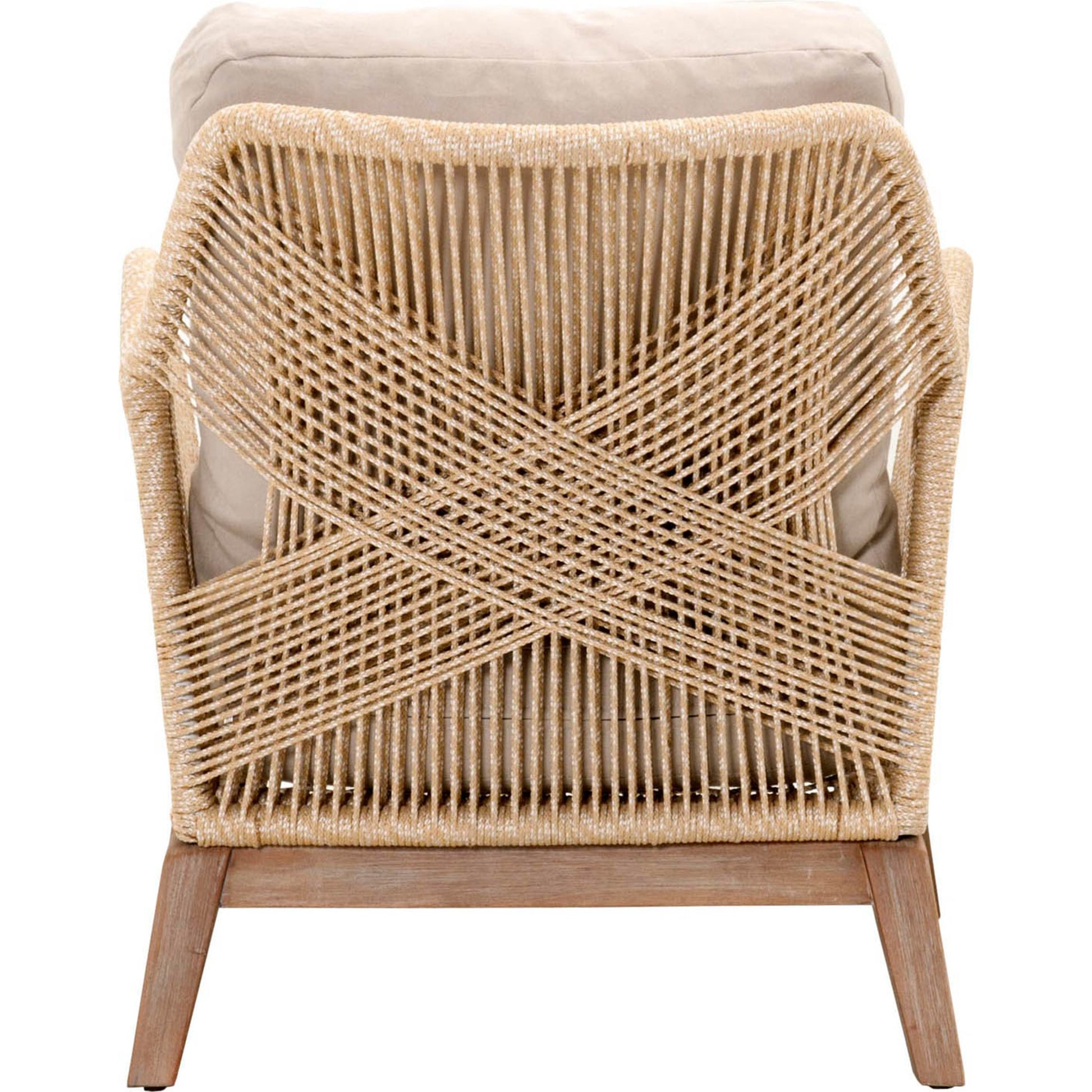 Loom Club Chair by Essentials For Living in gray teak, taupe, white flat rope, performance pumice. Made from solid teak wood, aluminum, 100% polyolefin rope, 100% olefin fabric, foam in a coastal style.
