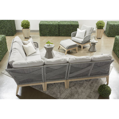 Loom Club Chair by Essentials For Living in gray teak, taupe, white flat rope, performance pumice. Made from solid teak wood, aluminum, 100% polyolefin rope, 100% olefin fabric, foam in a coastal style.